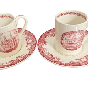 Wedgwood Harvard Tercentenary Cups and Saucers University Hall 1815 and The First Gore Hall 1838 Red Transfer Ware Made in England