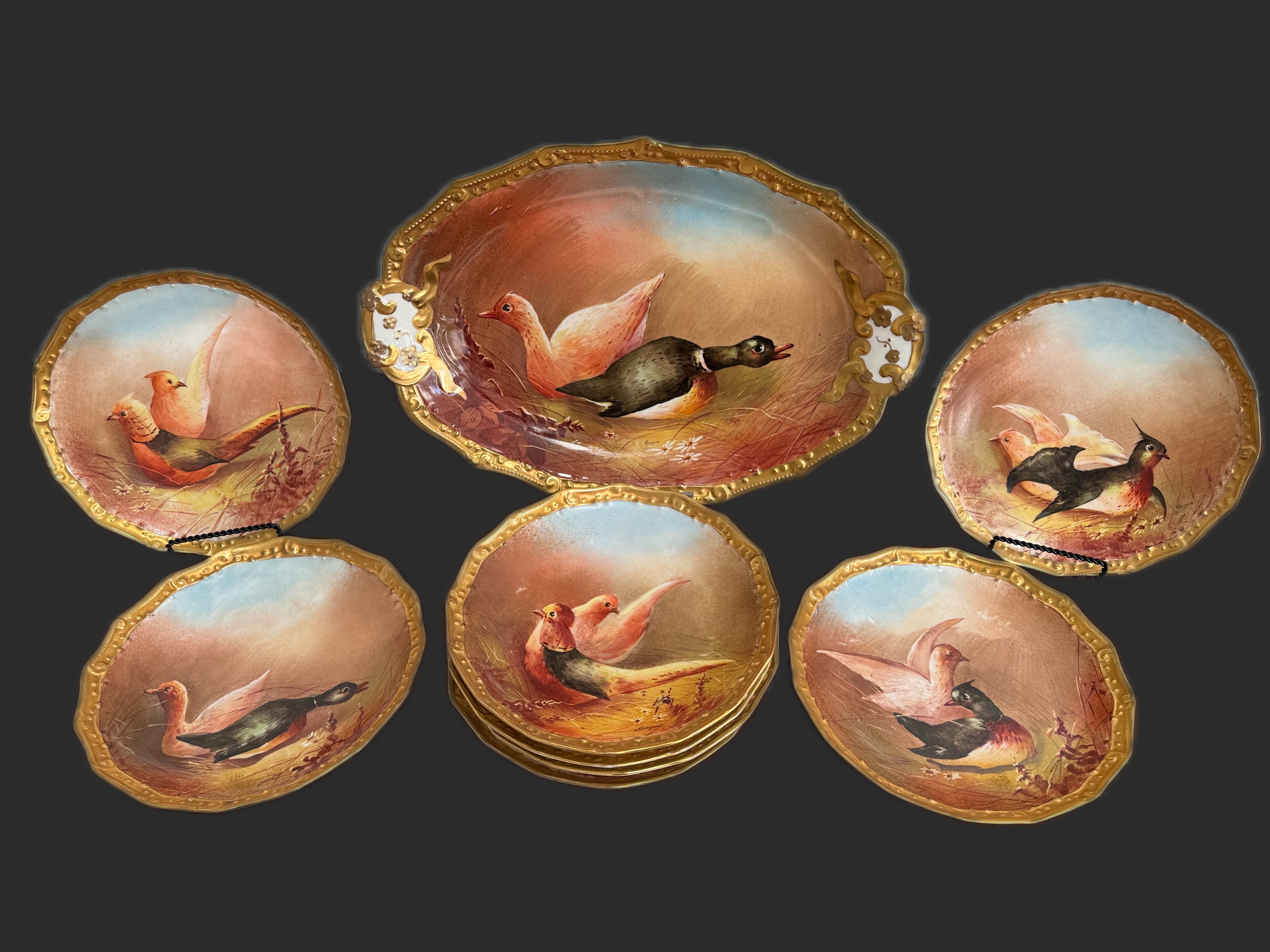 Significant Limoges Game Bird Cabinet Plates (8) and Serving
