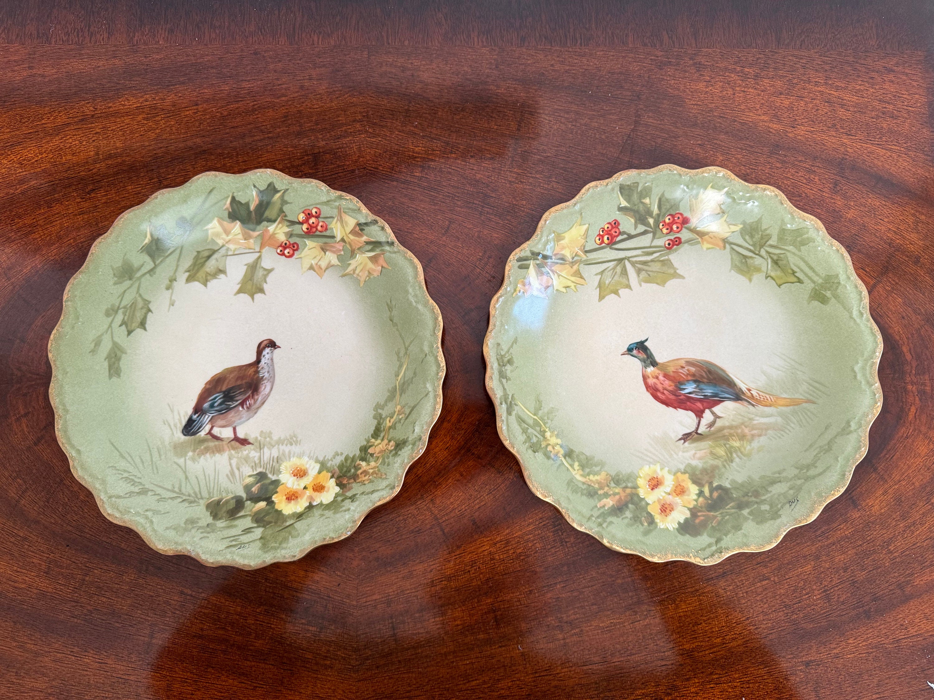 Pair Antique Hand Painted Limoges Game Bird Plates From LDBC FLAMBEAU French Limoges Hand Painted