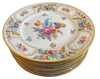Shumann Dresden Old Dresden Flowers Set of 8 Porcelain Dinner Plates Each 11 Inches with Straight Rims and Floral Hand Painted Decoration