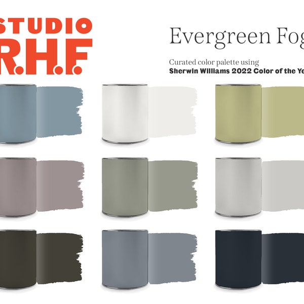 Sherwin Williams, Farbe des Jahres, Farbpalette, Evergreen Nebel, Farbschema, Hausfarbenmuster, Kundenspezifische Palette