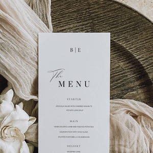 Modèle de menu de mariage avec monogramme, menu du dîner modifiable minimal, carte de menu de table de réception, menu grand classique personnalisé, téléchargement sur toile AT10