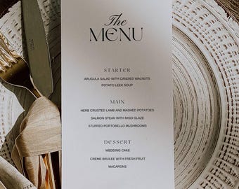 Modern Wedding Menu Template Digital, Elegant Wedding Dinner Menu, Place Setting Table Card, Custom Guest Name Menu Editable, 4x9 AT24