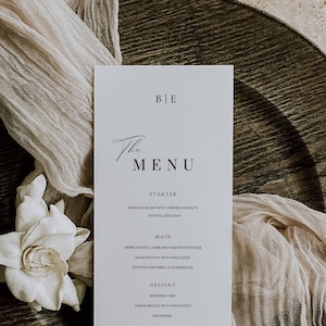 Hochzeitsmenüvorlage mit Monogramm, Minimal bearbeitbares Abendmenü, Empfangstisch-Menükarte, benutzerdefiniertes klassisches großes Menü, Canva Download AT10
