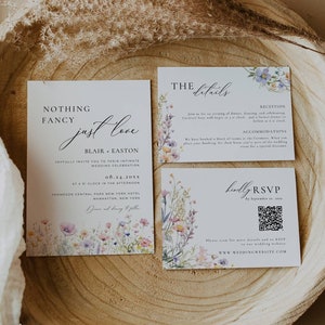 Suite di inviti di nozze stravaganti con fiori di campo, niente di speciale, solo modello di invito d'amore, set di inviti di nozze floreali estivi codice Qr -AT13