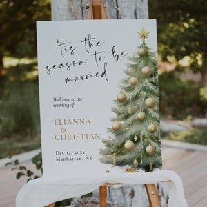 Znak powitalny „Tis The Season To Be Married”, szablon znaku powitalnego na wesele w Boże Narodzenie, edytowalny plakat świąteczny, zimowe znaki ślubne AT10