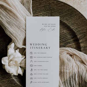 Minimale Hochzeit Reiseplan, Moderne Infografik Empfang Timeline, Bearbeitbare Reihenfolge der Ereignisse, Programmkarte Sofortiger Download AT10