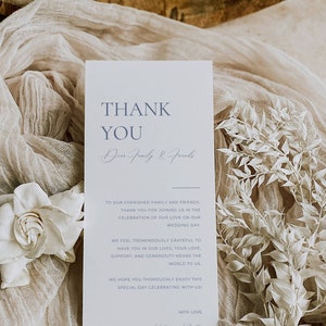 Nota de agradecimiento de boda azul polvoriento, Plantilla de tarjeta de menú de agradecimiento, Cubierto de agradecimiento azul claro, Nota de servilleta de boda imprimible AT09