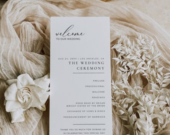 Simple Wedding Program Menu Single Page, Minimal Ceremony Program Template, Editable Order of Service Card, Printable Wedding Itinerary AT10