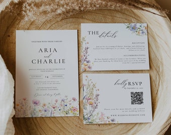 Conjunto de invitación de boda de flores silvestres de verano, plantilla de suite de invitación floral caprichosa, paquete de código QR de invitación de boda de flores de campo AT13