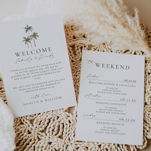 Itinéraire de week-end de mariage au Mexique, calendrier des événements pour le mariage à destination, modèle de note de sac de bienvenue, carte de chronologie de mariage tropical AT23
