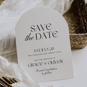 Bogen Save the Date Vorlage, moderne Hochzeitsansage Karte, minimalistische Save the Date Einladung, sparen Sie unser Datum Hochzeit Printable AT24