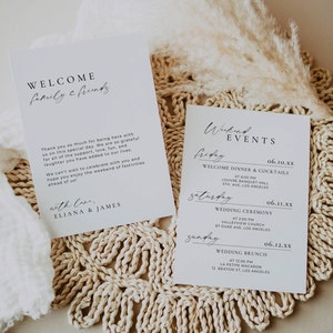 Itinéraire et guide de week-end de mariage, note de bienvenue pour le mariage, modèle de carte d'événement de mariage, chronologie de week-end avec icônes AT14