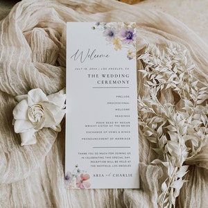 Plantilla de menú del programa de bodas florales, itinerario de recepción de flores silvestres, orden de eventos del día de la boda, cronograma mínimo, descarga de Canva AT13