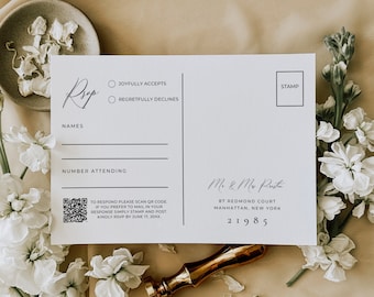 Carte postale de modèle de carte Rsvp, Qr Code Rsvp Card modèle Canva, insert de site Web de mariage minimaliste, boîtier de réponse moderne, 2 tailles AT10