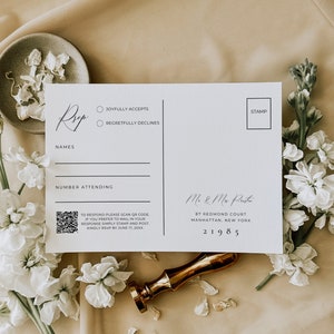 Rsvp Kartenvorlage Postkarte, Qr Code Rsvp Kartenvorlage Canva, Minimalistischer Hochzeitswebsite-Einsatz, modernes Antwortgehäuse, 2 Größen AT10
