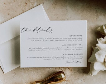 Peut inclure: Une carte blanche avec du texte noir détaillant la réception, l'hébergement et le transport pour un mariage. Le texte indique "the details", "Réception", "Rejoignez-nous pour une soirée de dîner, de danse et de célébration. L'heure du cocktail débutera à 17h00, suivie d'un dîner de gala à 18h00.", "Hébergement", "Nous avons réservé un bloc de chambres au Fairmont. Lorsque vous effectuez votre réservation, faites-leur savoir que vous faites partie de l'événement de mariage pour bénéficier d'une réduction.", "Transport", "Des services de navette gratuits seront fournis à destination et en provenance de la réception de mariage. La navette fonctionnera de 16h00 à minuit.", "tenue de soirée".