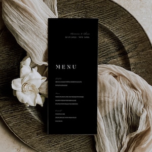 Menu per la cena di nozze in nero con script moderno, modello di menu in bianco e nero, download digitale di menu per la cena di ricevimento, modello modificabile AT04