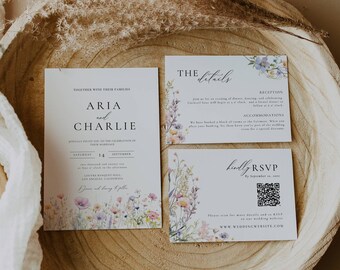 Summer Wildflower Wedding Invitation Set, Whimsical Floral Invitation Suite Template, Field Flowers Wedding Invite QR Code Bundle AT13