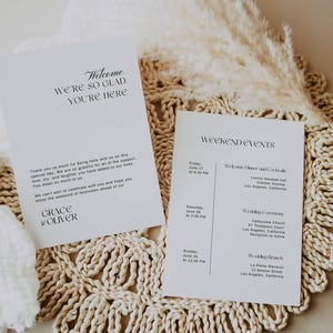 Note de remerciement pour sac de bienvenue de mariage, modèle d'itinéraire de week-end moderne, carte d'événement de mariage numérique, programme de week-end minimal modifiable - AT24