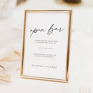 Modelo moderno de sinal de bar aberto para casamento, sinal de bar de bebidas por nossa conta, menu elegante de bebidas de casamento, sinalização de mesa personalizada editável AT14