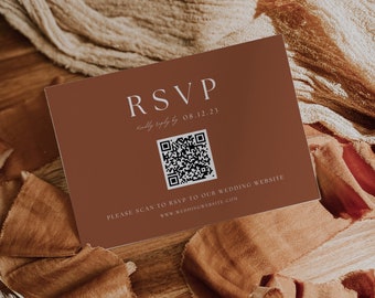 Plantilla RSVP de invitación de boda con código QR Boho, tarjetas de inserción de rsvp de boda modernas descargables, invitaciones de boda de terracota con código QR AT03