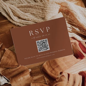 Modèle RSVP de faire-part de mariage Boho QR Code, cartes d'insertion rsvp de mariage modernes téléchargeables, invitations de mariage en terre cuite avec code QR AT03