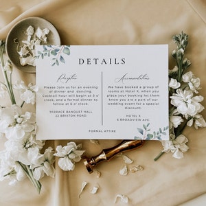 Cartão de detalhes do casamento com vegetação de eucalipto, cartão de informações minimalistas, inserção de convite para recepção e acomodações, editável no Canva AT12