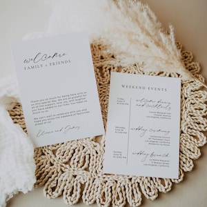 Itinéraire et guide de week-end de mariage, modèle de carte d'événement de mariage sur toile, note de bienvenue sur le sac pour le mariage, chronologie du week-end avec icônes AT14