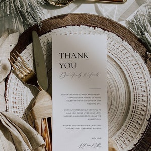Plantilla mínima de nota de agradecimiento de boda, tarjeta de agradecimiento del menú de mesa, nota de servilleta de configuración de lugar imprimible, carta de agradecimiento editable AT10