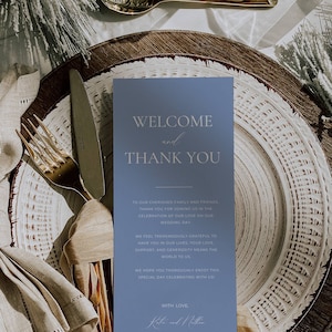 Menu de remerciement bleu clair pour mariage, mot de bienvenue et de remerciement, carte de remerciement pour couvert, bleu poussiéreux, modèle de cartes de remerciement pour table AT09