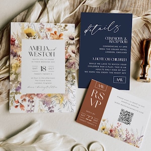 Wildflower Wedding Invitation Bundle, Burnt Orange and Navy Blue Invite Set Digital, Boho Wedding Suite Template, Editable Qr Code Rsvp AT20