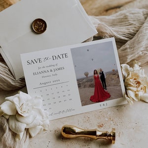 Kalender Hochzeit Save the Date Karte mit Foto, Moderne Save The Date Einladung Vorlage Canva, Digitaler Kalender Save Our Date Invite-AT14