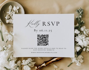 Tarjeta de código Rsvp Qr, tarjeta de respuesta en línea de boda minimalista, tarjeta de sitio web de boda moderna, inserción de respuesta de guión elegante, plantilla editable AT10