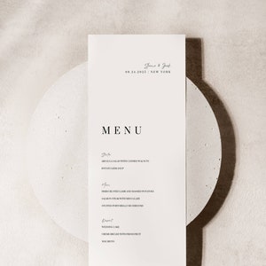 Modello minimalista per menu di nozze, carta menu per cena di matrimonio moderna e semplice stampabile DOWNLOAD DIGITALE Menu per cena di ricevimento modificabile AT05
