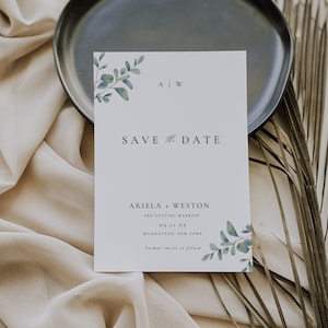 Minimale Hochzeit Save the Dates Greenery, Monogramm Save the Date Eukalyptus, Save the Date Einladungsvorlage, DIY Save the Date Karten AT12