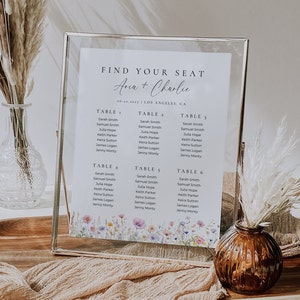 Wildflower kleine bruiloft zitplaatsen plan tafel teken sjabloon, intieme receptie zitplaatsen grafiek, bloemen microceremonie 8 x 10 bord, 6 tafels AT13