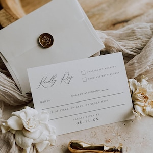 Cartão de resposta para casamento com roteiro, modelo de inserção de cartão de resposta, anexo de convite tradicional para resposta, cartão de resposta de casamento elegante editável AT10