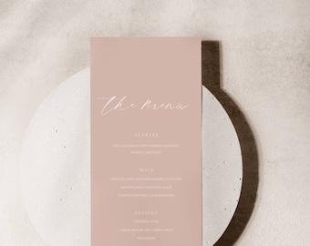 Light Pink Dinner Menu Wedding, Blush Pink Table Menu Card, Printable Dinner Menu Template, Editable Reception Guest Menu 4x9 -AT16