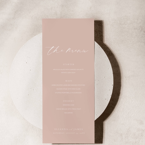 Menu de mariage rose clair, carte de menu de table rose blush, modèle de menu de dîner imprimable, menu d'invité de réception modifiable 4 x 9-AT16