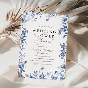 Invitación de despedida de soltera con diseño de toile, invitación de brunch nupcial para despedida de soltera en pareja, tarjeta imprimible de despedida de soltera con diseño floral, invitación de despedida de soltera en azul claro AT09