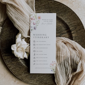 Itinéraire de mariage de fleurs sauvages imprimable, carte de programme de réception florale, ordre des événements avec icônes, jour de la chronologie, modèle Canva AT13