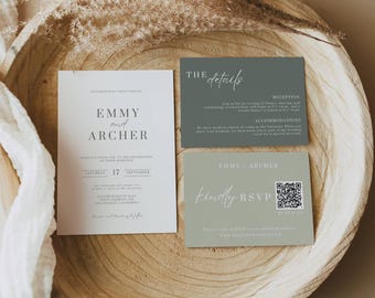 Sage Green Wedding Invitation Suite with Qr Code, Minimal Invite Set with Details Card, Modern Qr Code Rsvp, Editable Templates Bundle AT06