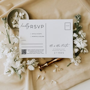 Modèle de carte postale Rsvp Qr moderne, calligraphie Rsvp Card Canva, boîtier de site Web de mariage moderne, réponse minimale avec insertion imprimable AT11
