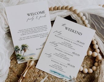 Plan weekendu ślubnego w miejscu docelowym, notatka i harmonogram powitania, szablon karty z kolejnością wydarzeń, list powitalny, tropikalna plaża, palmy