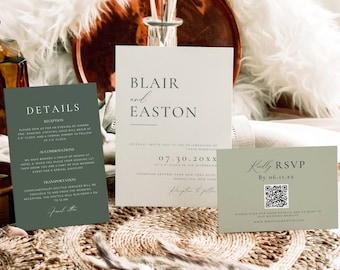 Sage Wedding Invitation Suite Boho, Sage Green Wedding Invite Set with Qr Code, 3 Piece Invitation Bundle, Editable Qr Rsvp Card Template