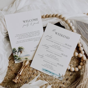 Itinéraire de week-end de mariage à destination, note de bienvenue et chronologie, modèle de carte d'ordre des événements, lettre de bienvenue, plage tropicale, palmiers