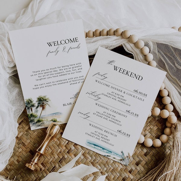 Itinerario de fin de semana de boda de destino, nota y cronograma de la bolsa de bienvenida, plantilla de tarjeta de orden de eventos, carta de bienvenida, playa tropical, palmeras