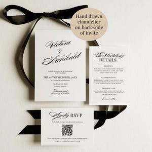 May include: Elegant wedding invitation suite with black script on white cards, tied with a black satin ribbon. The invitation includes details for the ceremony and reception, with a QR code for RSVP.