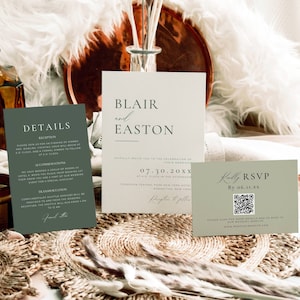 Sage Hochzeitseinladungsreihe Boho, Salbeigrünes Hochzeitseinladungsset mit Qr Code, 3-teiliges Einladungspaket, bearbeitbare Qr Rsvp Kartenvorlage
